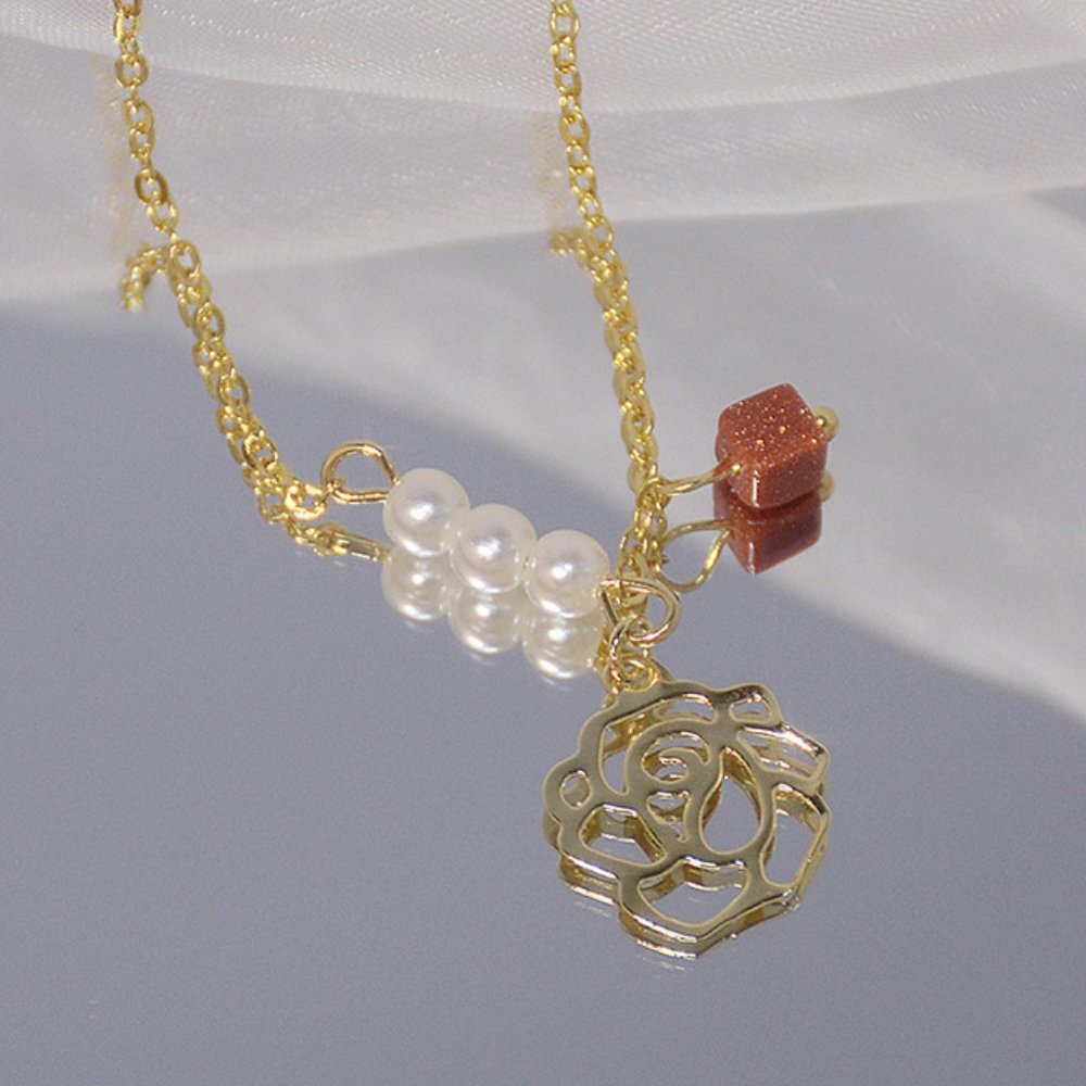 NEW 14K Gold Plated Pearl Camelia Flower Cube Necklace